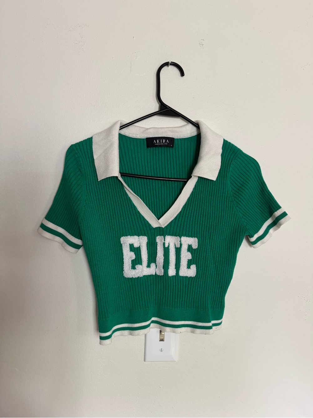 AKIRA Green 'ELITE' Ribbed Polo Crop Top